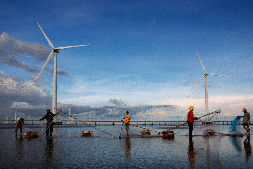 Technicians working with alternators near wind turbines, demonstrating renewable energy integration and industrial power generation solutions.
